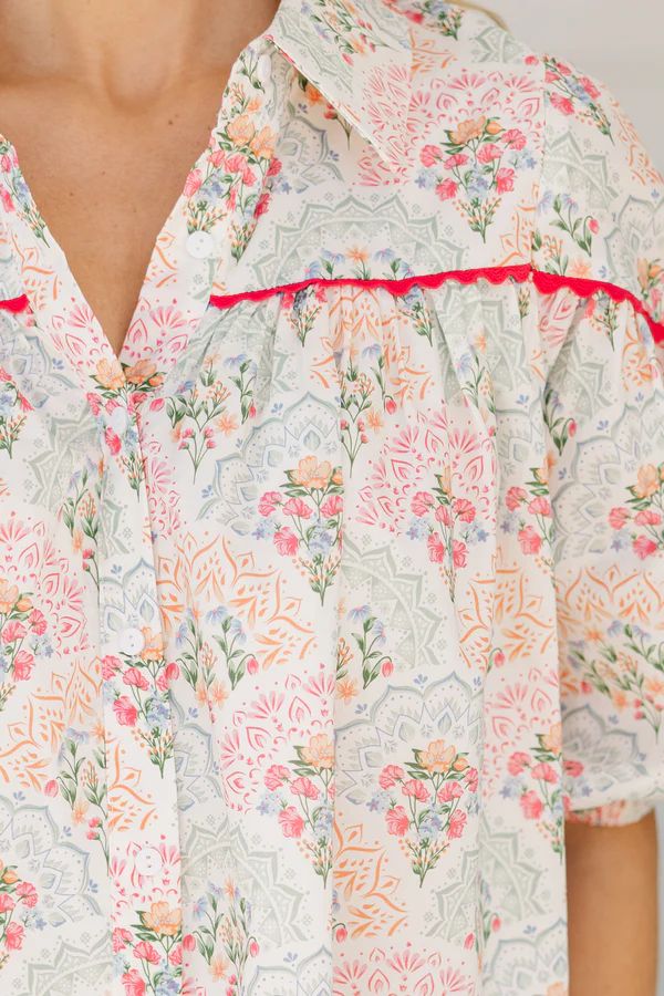 Better Than You Know Pink/Mint Medallion Puff Sleeve Blouse Better Than You Know Pink/Mint Medallion Puff Sleeve Blouse