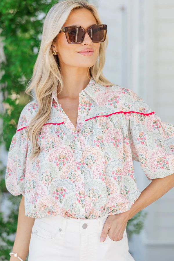 Better Than You Know Pink/Mint Medallion Puff Sleeve Blouse