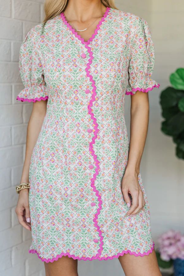 No More Waiting Green & Pink Ditsy Floral Dress