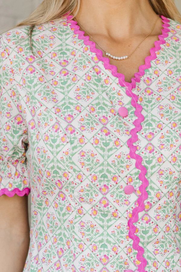 No More Waiting Green & Pink Ditsy Floral Dress