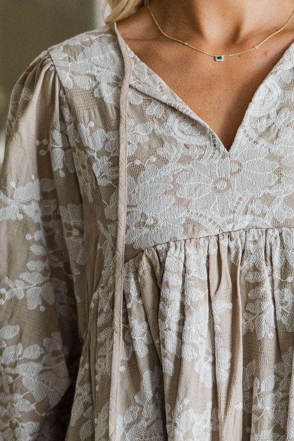 NURSING COLLECTION: It’s All True Taupe Embroidered Dress