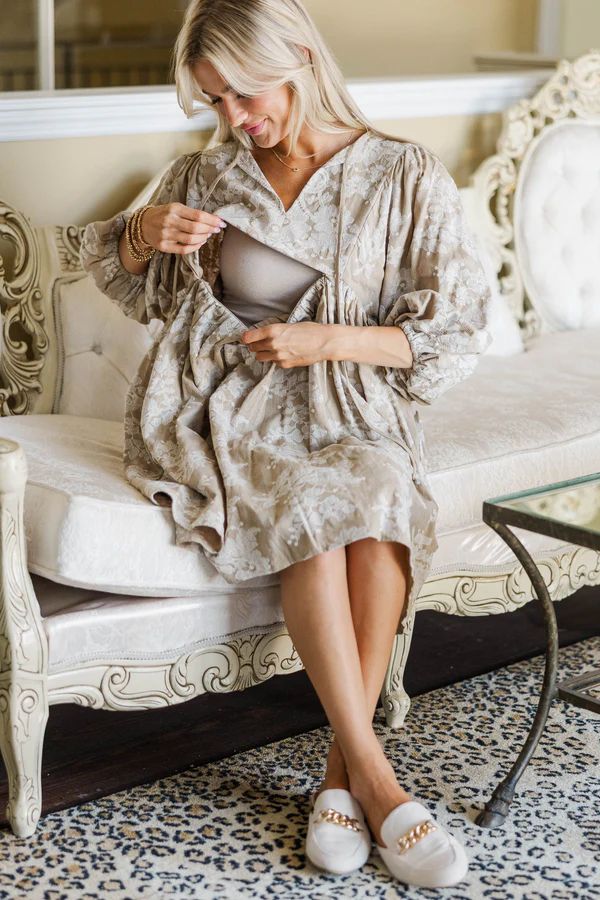 NURSING COLLECTION: It’s All True Taupe Embroidered Dress