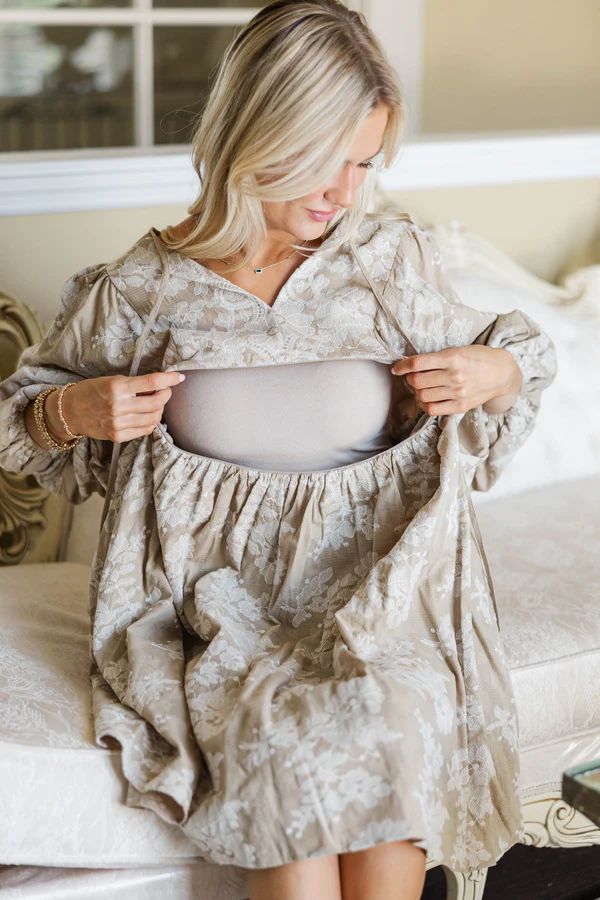 NURSING COLLECTION: It’s All True Taupe Embroidered Dress
