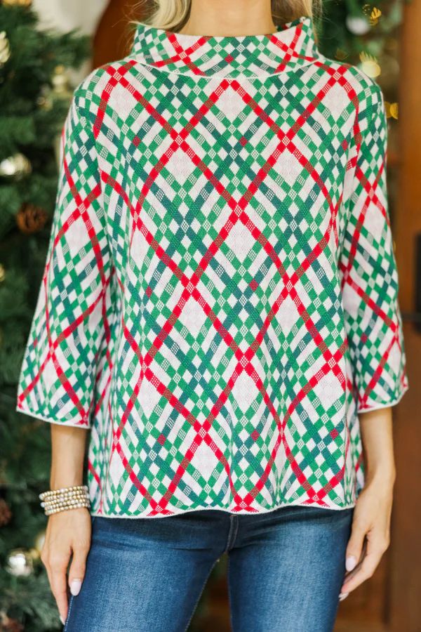 Just A Feeling Emerald Green Plaid Mock Neck Sweater