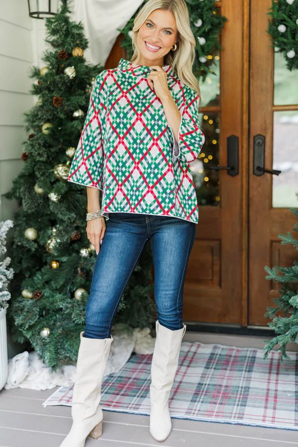 Just A Feeling Emerald Green Plaid Mock Neck Sweater