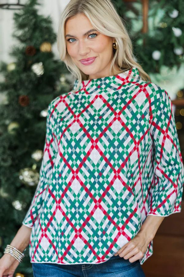 Just A Feeling Emerald Green Plaid Mock Neck Sweater