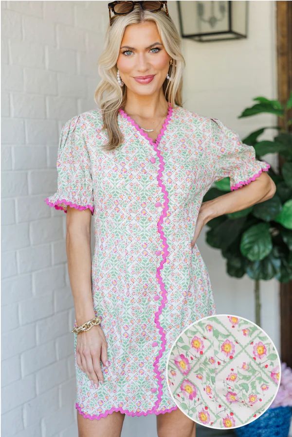 No More Waiting Green & Pink Ditsy Floral Dress
