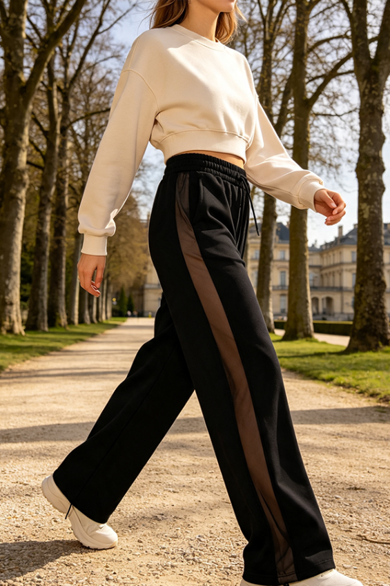 Women Side Mesh Stripe Wide Leg Drawstring Trousers