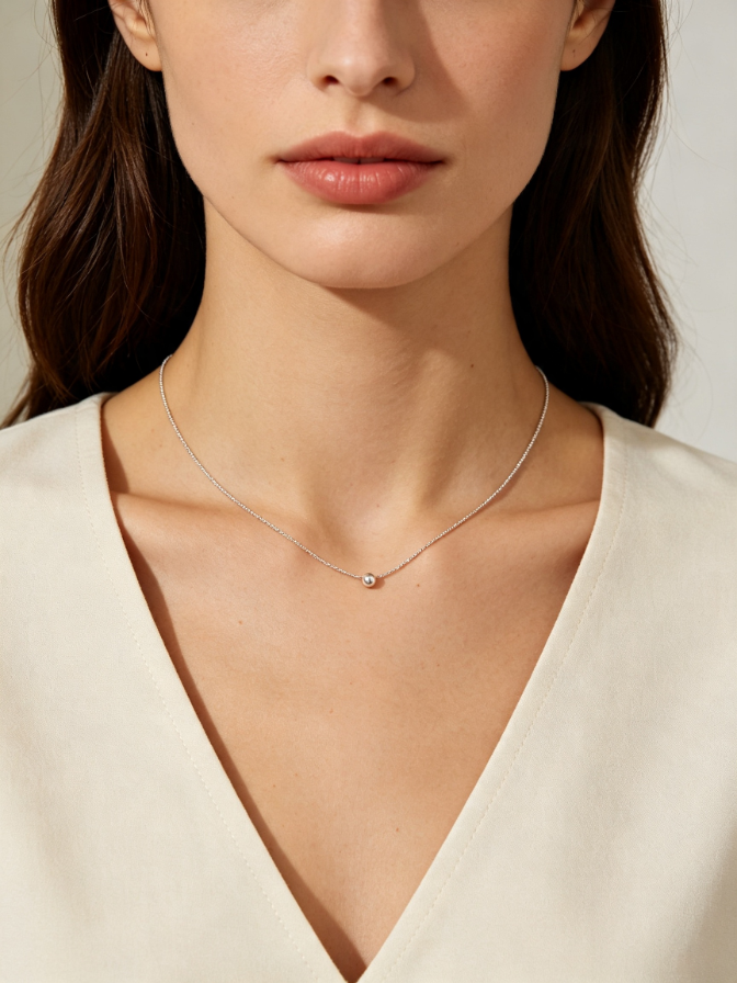 Short, delicate chain necklace resting at the collarbone