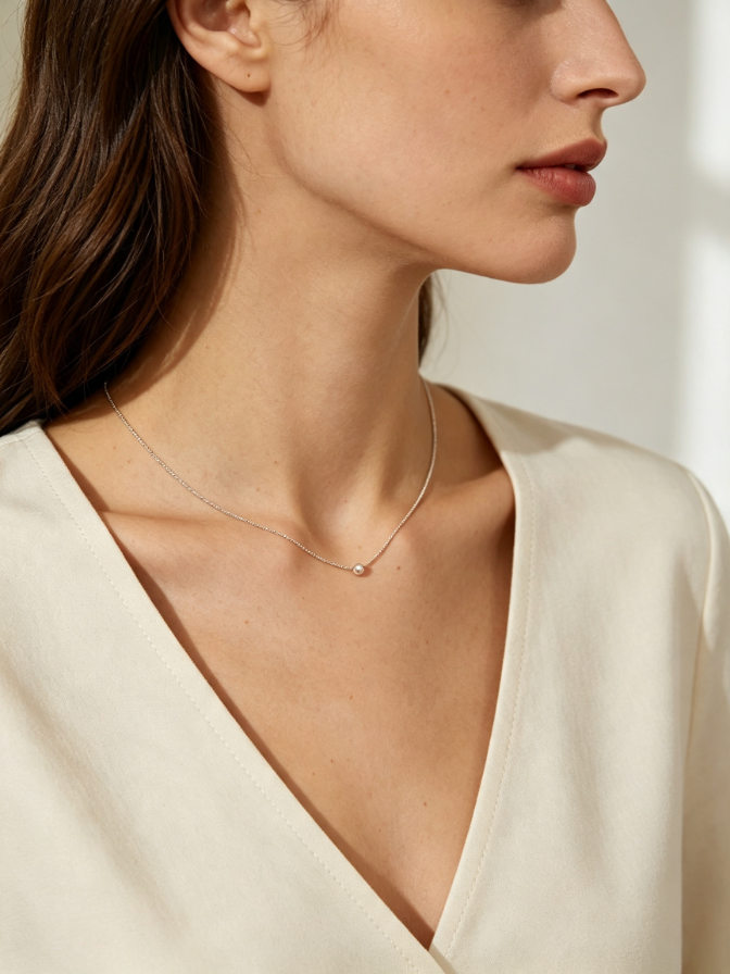 Short, delicate chain necklace resting at the collarbone Short, delicate chain necklace resting at the collarbone